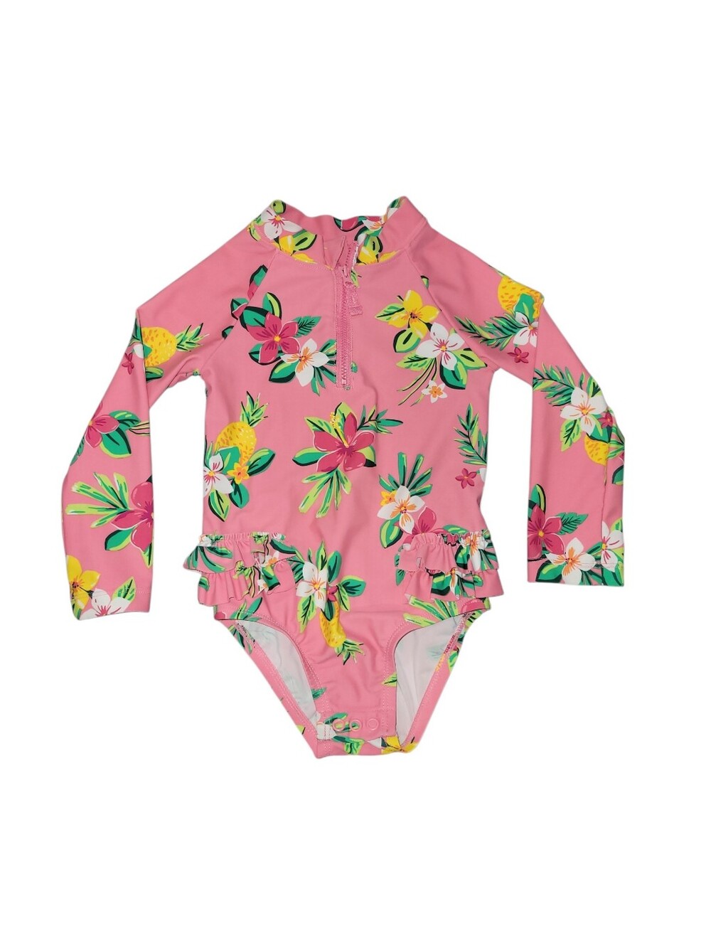 Carter's Pink Floral Long-Sleeve Rashguard One-Piece Swimsuit with Ruffle Hips